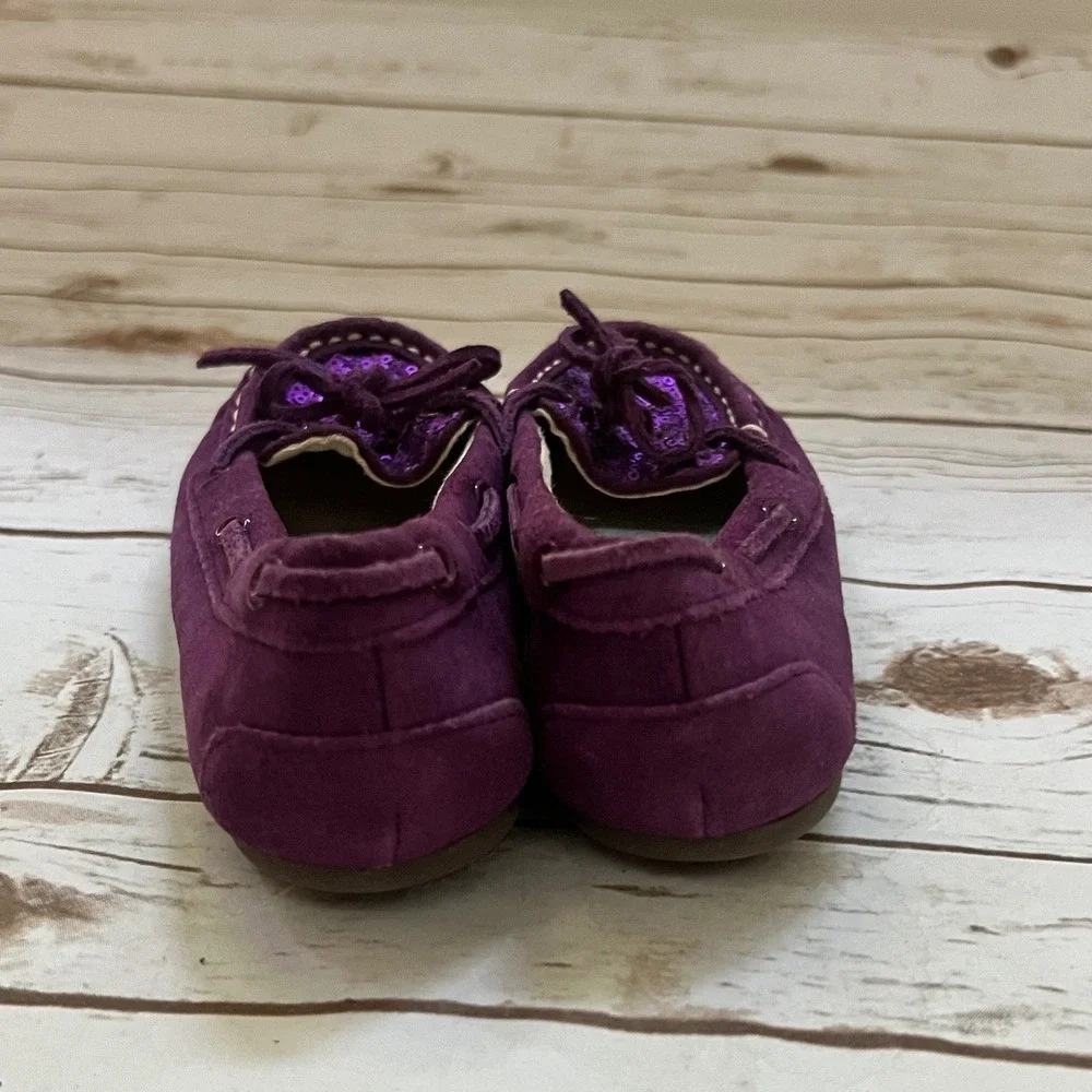Lands End Moccasin Flats Purple Sequin Suede Bow Girls Size 13M